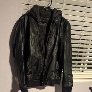 Zara Men's Black Faux Leather Jacket (Detachable hood)
